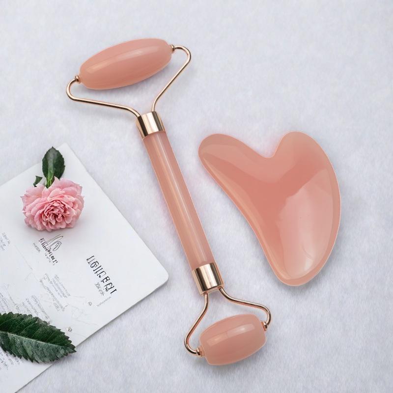 Rose Quartz Heart-Shaped Double-Headed Facial & Body Roller and Gua Sha Massage Set