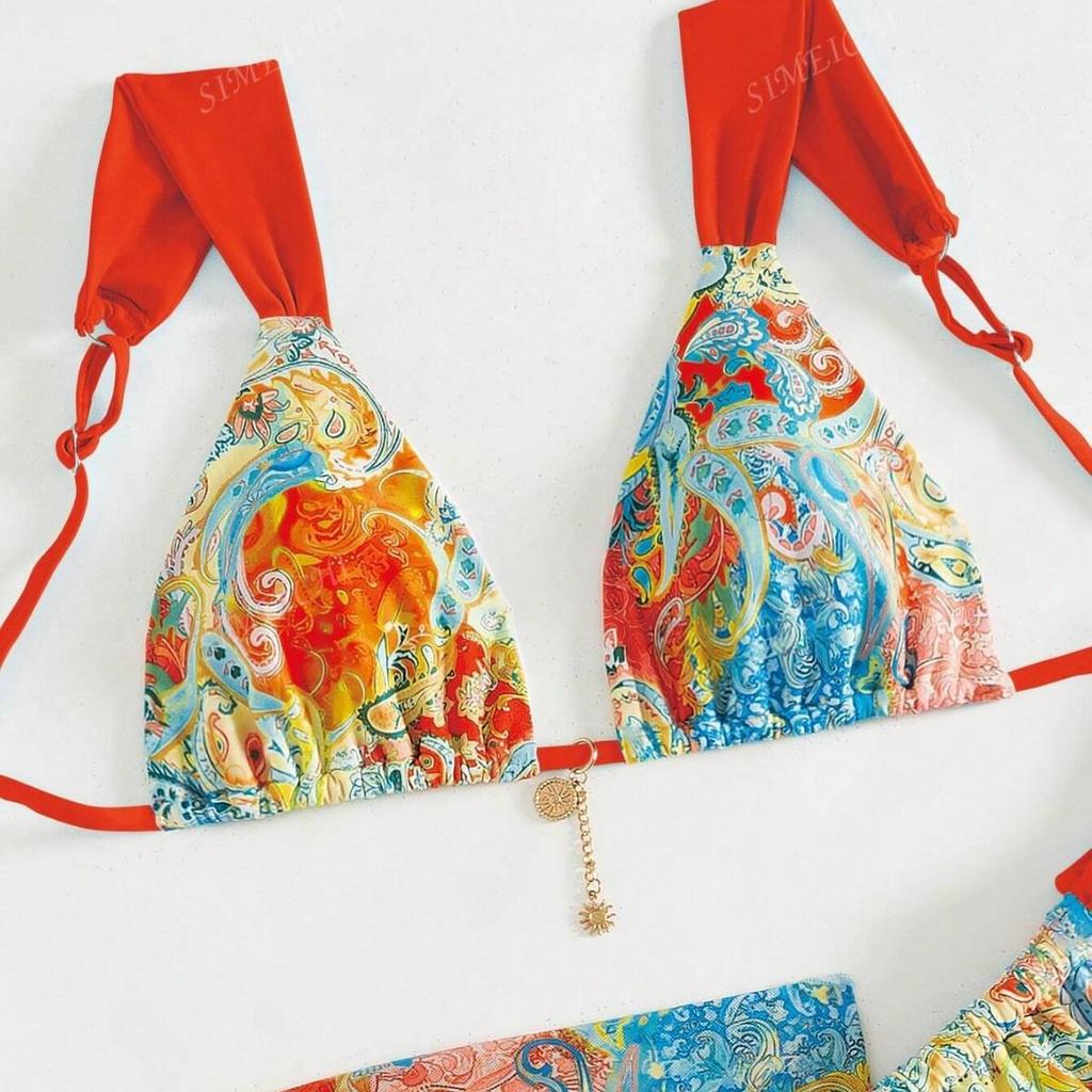Printed Sexy Bikini Set Three Piece Set with Beach Sarong CLE