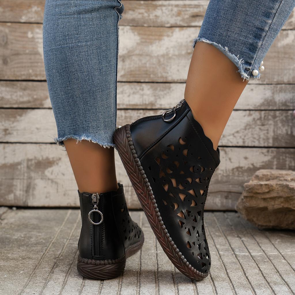 New Women's Round Toe Hollow Cutout Boots Retro Back Zipper Sandal Boots