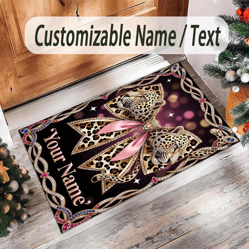 Leopard Theme Crystal Velvet Floor Rug Personalized Custom Name Text Warm Carpet Home Decoration