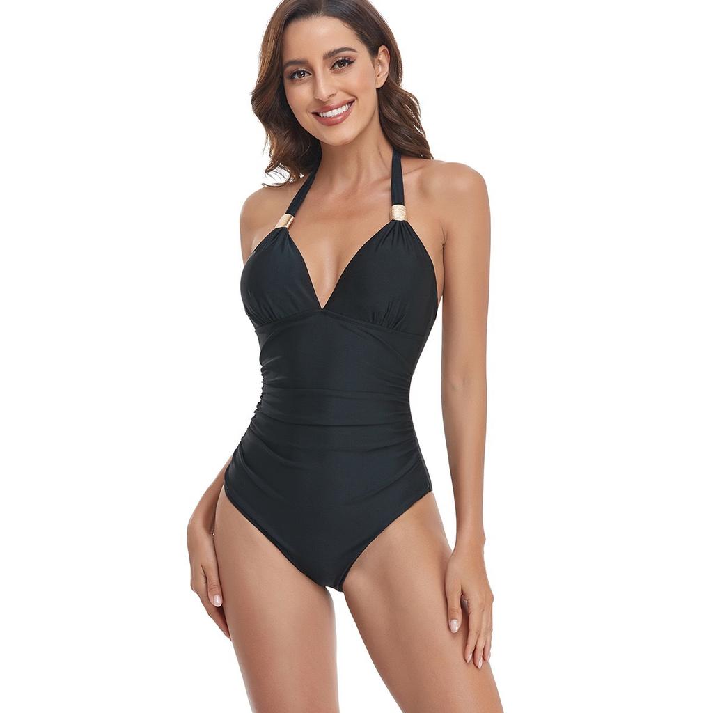 European and American Women Fashion Sexy Solid Bikini Ruched Slimming Swimwear Tummy Control Monokini Swimsuit One Piece Halter Backless Bathing Suit