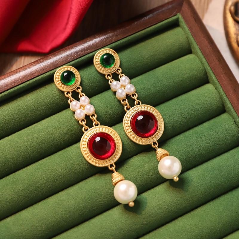 Retro Medieval Style Earrings, Colorful Treasures, Glazed Pearl Earrings, Exaggerated Court Style, Niche Personality, Baroque Stud Earrings for Women