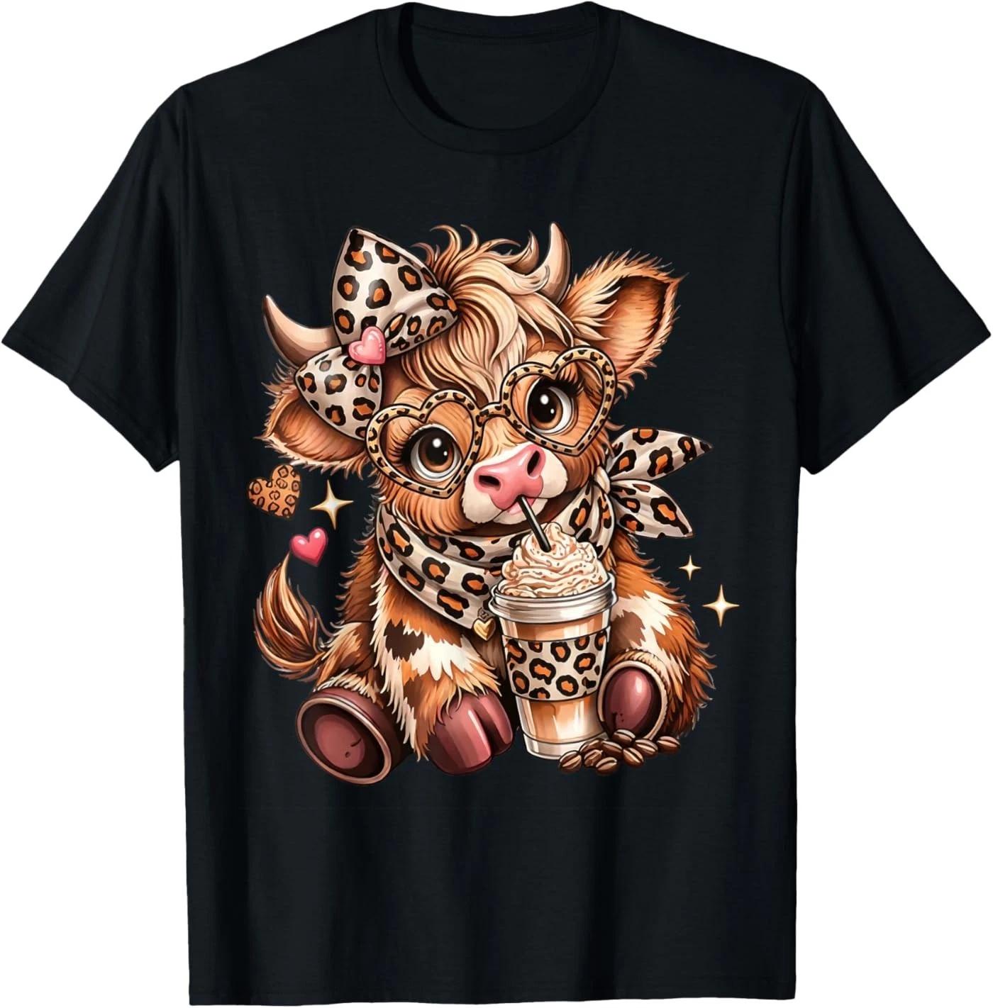 Cute Highland Cow Coffee Addict Funny Cowgirl Leopard Women T-Shirt 3XL