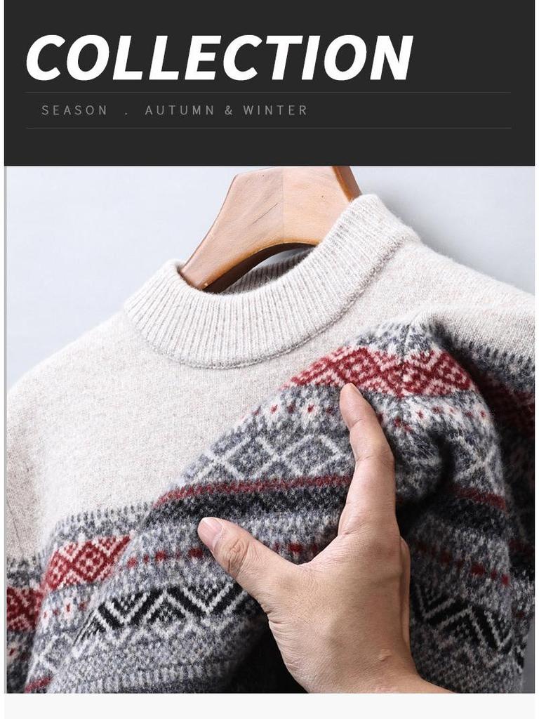 530g Thickened 100% Wool Men's Sweater, Autumn/Winter 2025, Round Neck Striped Knitwear