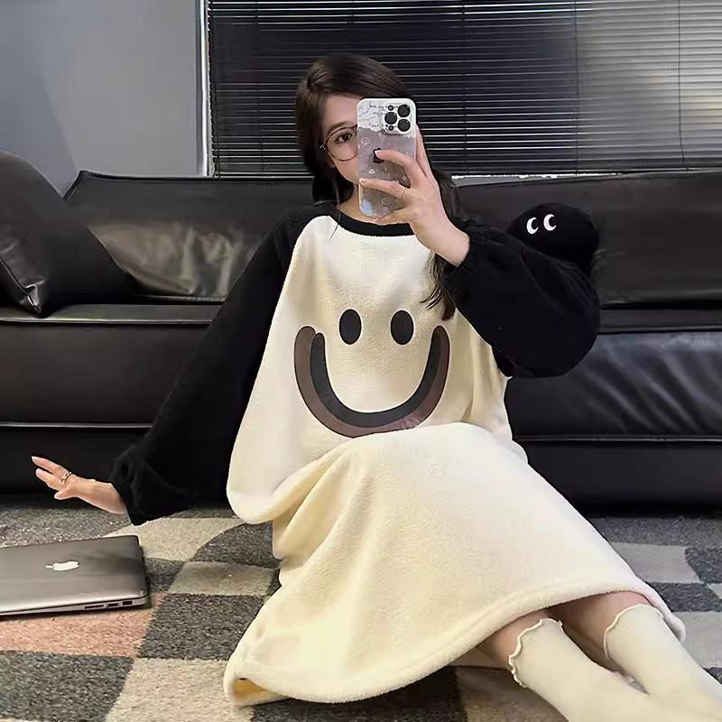 Women's Cartoon Flannel Nightgown – Cute, Cozy, Long Sleeve, Mid-Length Dress for Fall/Winter, Suitable for Home or Outdoors