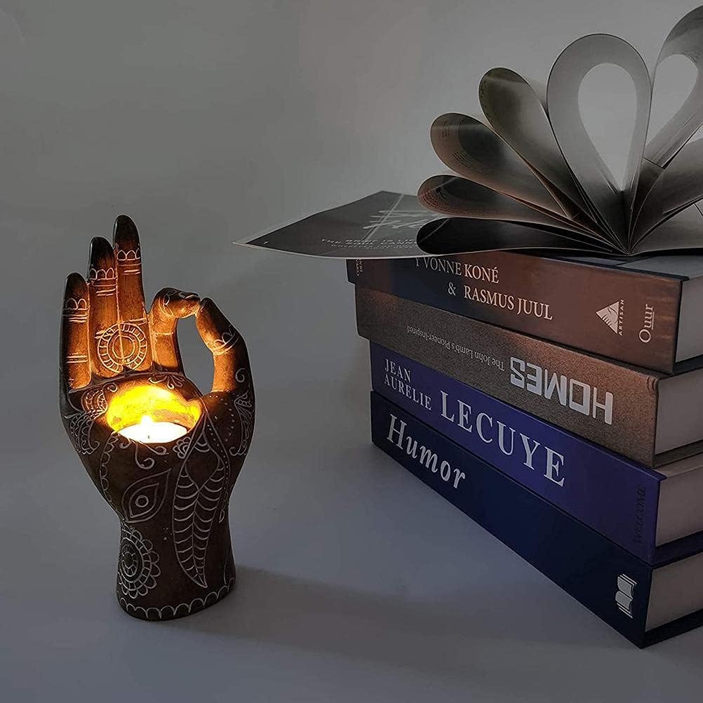 Hztyyier Buddha Yoga Candle Holder Carved Gesture Candlestick Hand Tabletop Tealight Desktop Candle Decor