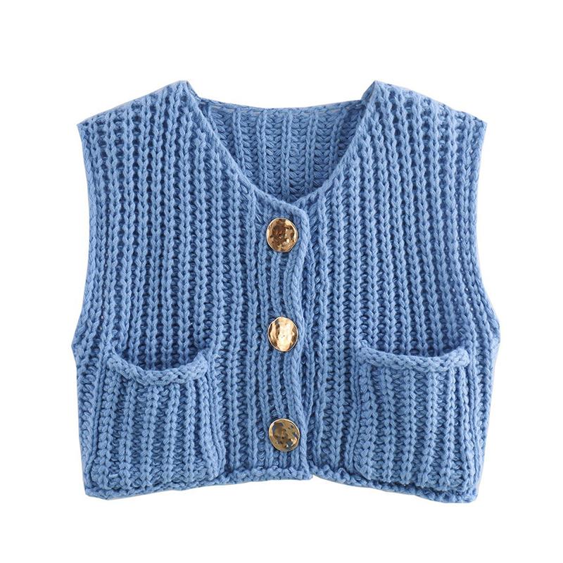 

Sleeveless Knitted Sweater Women Autumn Winter Casual V-neck Front Pockets Sweaters Coat Ladies Fashion Temperament Short Vest Top S море синього кольору