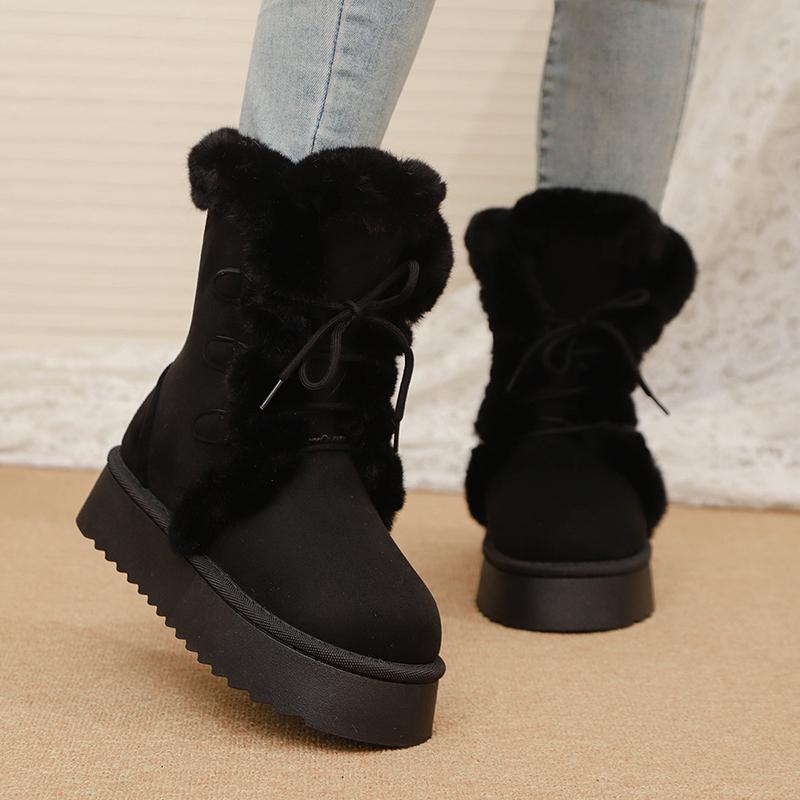 Women's Winter Warm Fur Snow Boots Lace Up Fluffy Plush Platform Ankle Boots for Women Thick Bottom Non Slip Cotton Padded Shoes