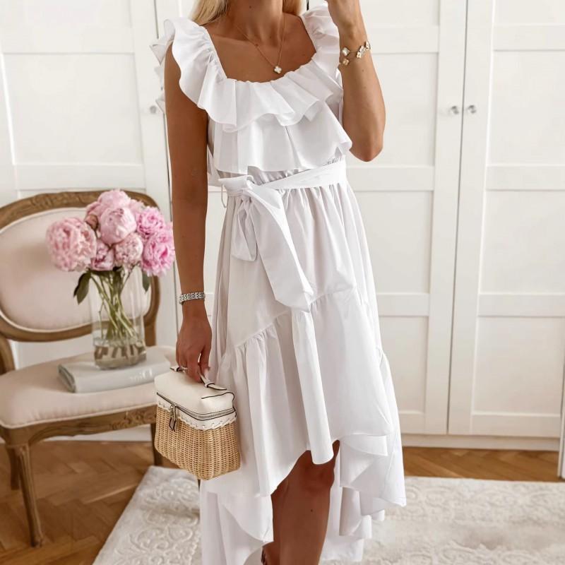 Sleeveless Dress Women Square Neck Ruffle Hem Loose Waist Solid Color Casual Daily Wear
