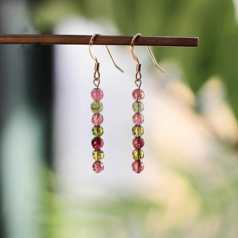 

Natural tourmaline dopamine color earrings, new Chinese style colorful gemstone tassel earrings with a high-end feel, gift for girlfriend Tourmaline4mm-s925Silver
