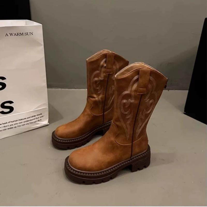 Brown Maillard Coarse Heel Platform Martin Boots Women's 2025 New Summer Western Cowboy Height Boots