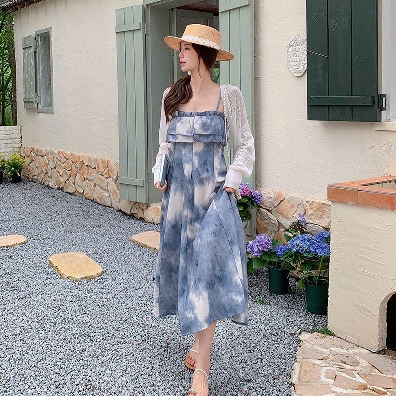 College style misty rain Jiangnan ink smudge chest wrap skirt summer high sense skirt one word shoulder suspender dress women