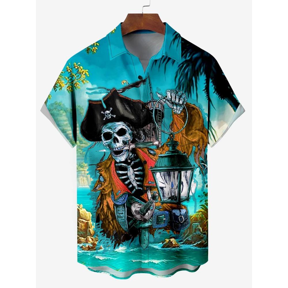 Men's Hawaiian Skeleton Pirate Captain Storm Sailing Cartoon Print Short Sleeve Shirt Summer Loose Beach For Boy