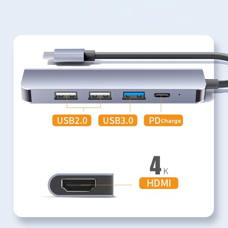 USB3.0 Type-C 4K 60Hz PD 60W Metal 5-in-1 Hub with Charging Ports for Mobile Phones-in Stock