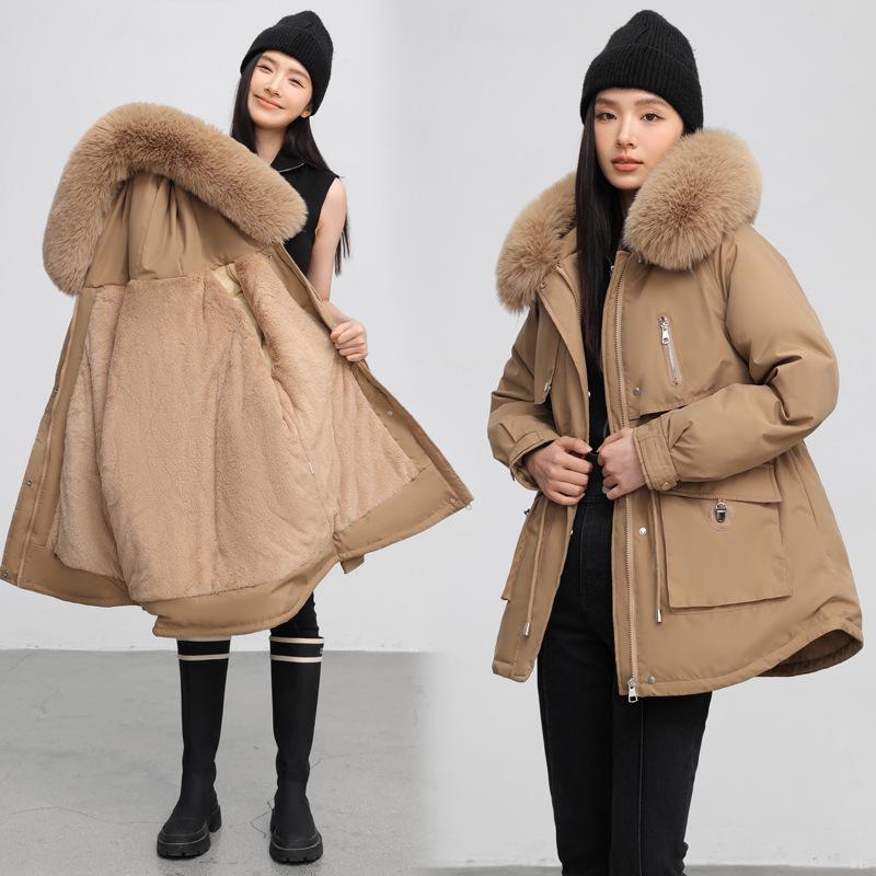 Women's Plus Velvet Fur Collar Parka, Slim-Fit Cotton Padded Jacket, Winter 2024 Collection.