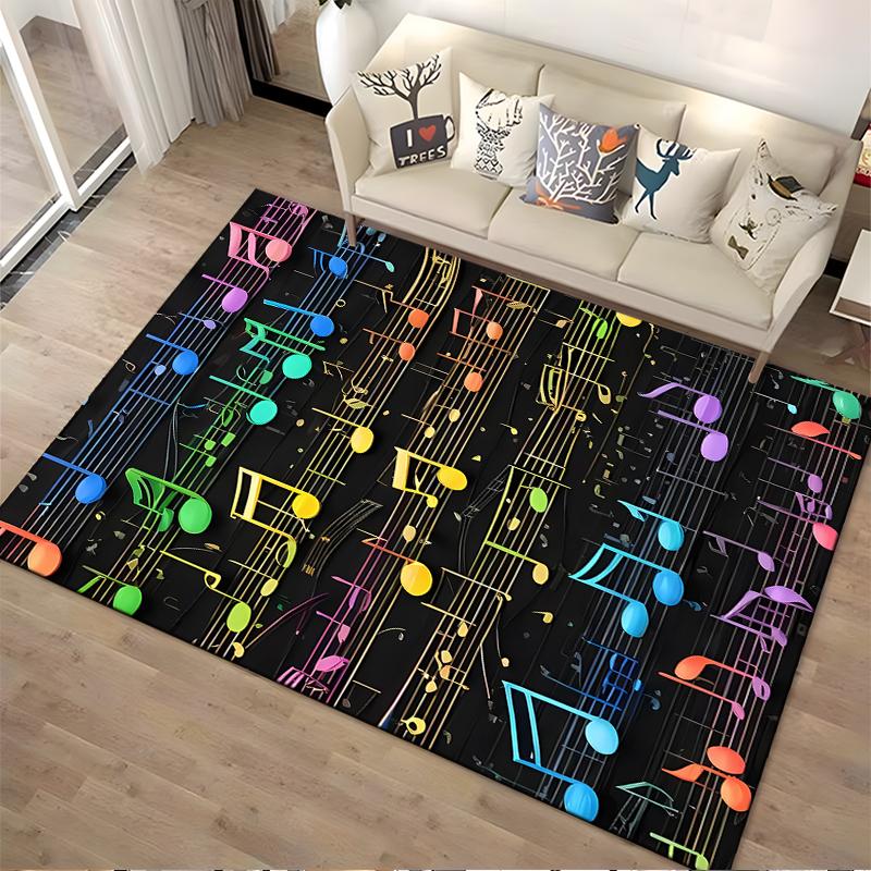 Colorful Musical Notes Pattern Carpet with Black Background for Home Decor Suitable for use as an anti-slip for living room bedroom sofas