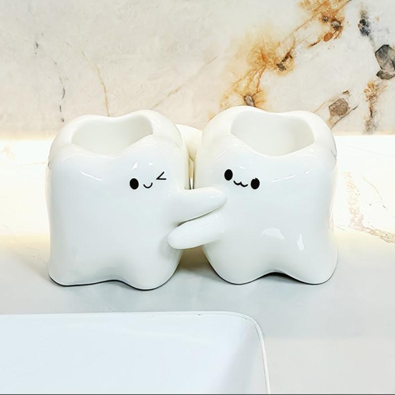 Tooth Shape Ceramic Toothbrush Toothpaste Holder for Home and Bathroom Countertop Tooth Decoration
