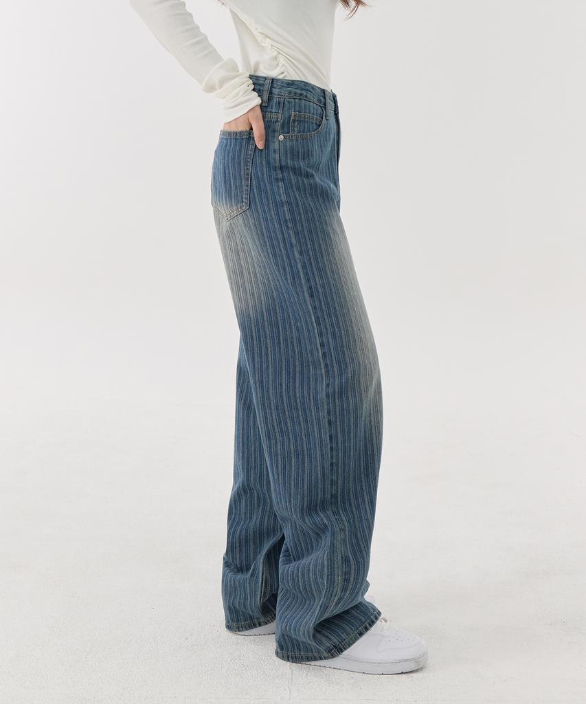 Akeusi Loose Textured Stripe Balloon Fit Wide Denim Pants Unisex (Medium Blue)