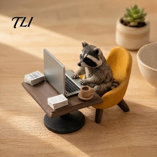 Creative Desk Accessories Highland Cow/Raccoon Office Theme Ornament, Miniature Animal Desktop Decoration with Realistic Fun Gifts for Colleagues
