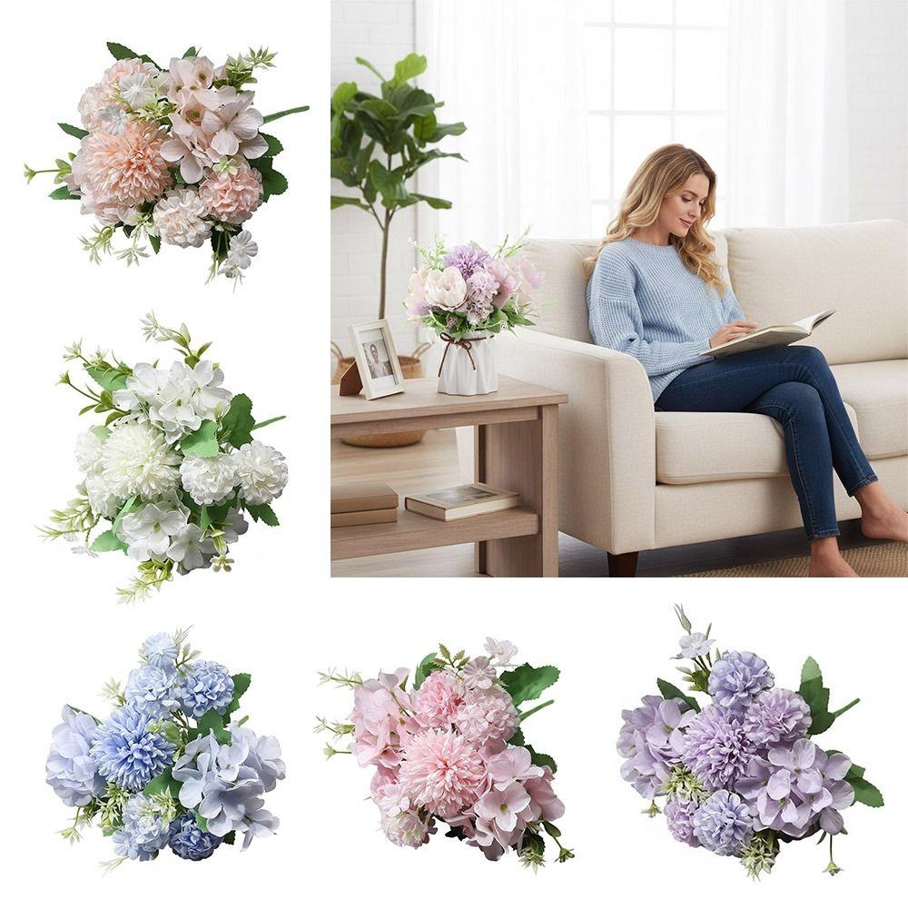 Multicolor Hydrangea Artificial Flowers Silk Petals Green Leaves Simulation Peony Dandelion Bouquet Photo Props DIY Accessories