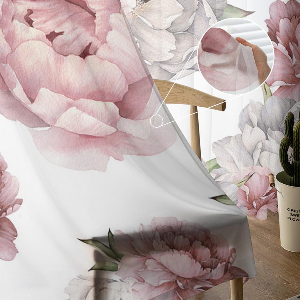 Vintage Blommor Rosa Pion Vita Skira Gardiner för Vardagsrumsdekoration Fönstergardiner Kök Tyll Voile Organza Gardiner