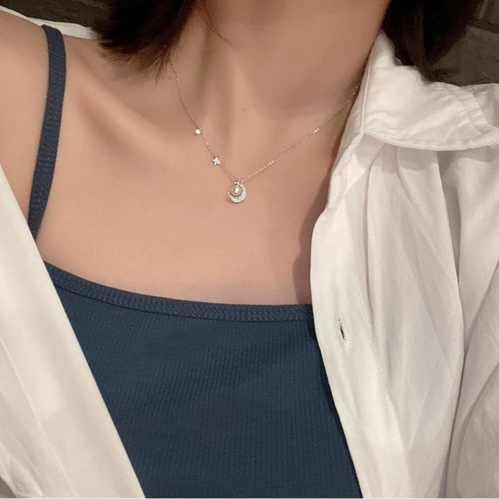 S925 Sterling Silver Moon & Star Pearl Necklace - Niche Design Clavicle Chain Jewelry Gift for Girlfriend