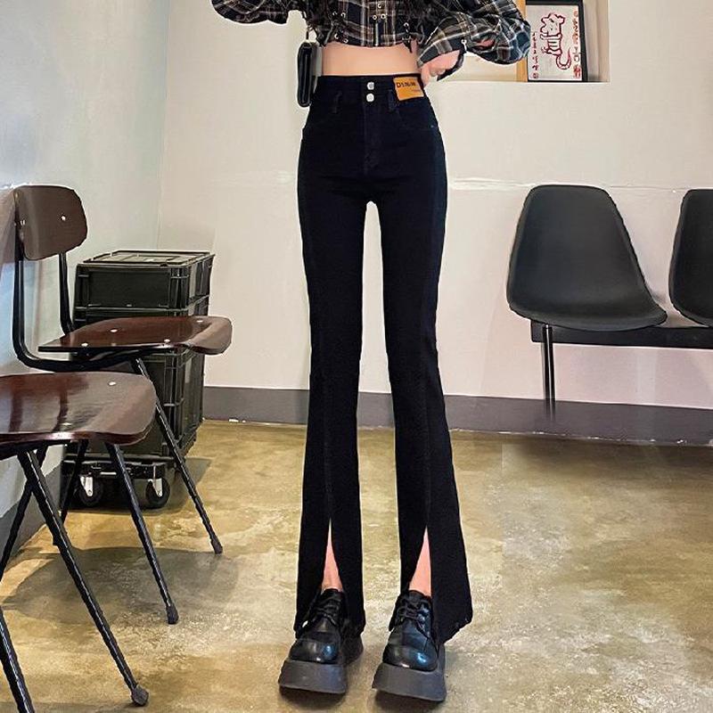 Korean Style High Waist Slit Jeans for Women - Autumn/Winter Slim Fit, Double Button, Elastic Flared Wide Leg Trousers