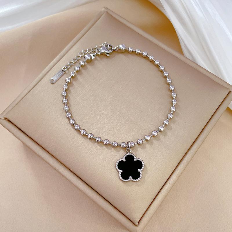 

All Stainless Steel Trendy Black Shell Flower Charm Bracelets for Women Girls Vintage Hand Accessories Jewelry Gifts