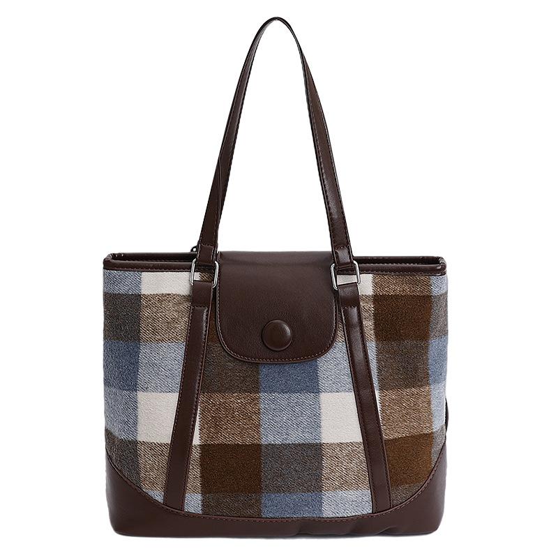 Tweed plaid tote bag large capacity 2025 winter new trend contrast retro shoulder crossbody backpack