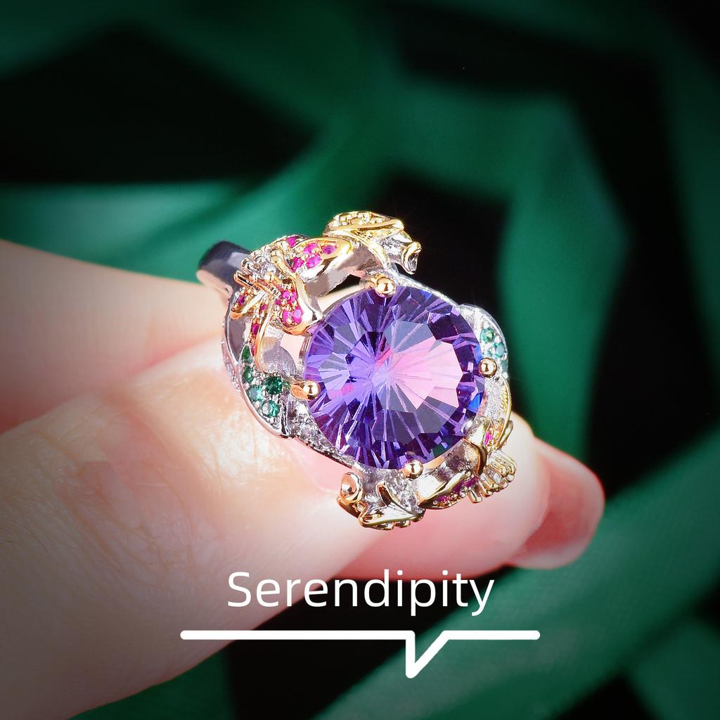 Two-color Gold Craft Handmade Inlaid Fireworks Cut Purple Diamond Ring, Colorful Flower Opening Colored Treasure Ring