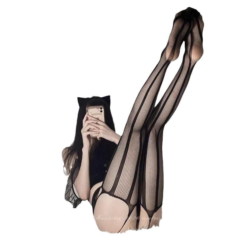 Vintage Black Silk Suspender Fishnet Stockings - Slim, Ripped Over-the-Knee for Spring & Autumn