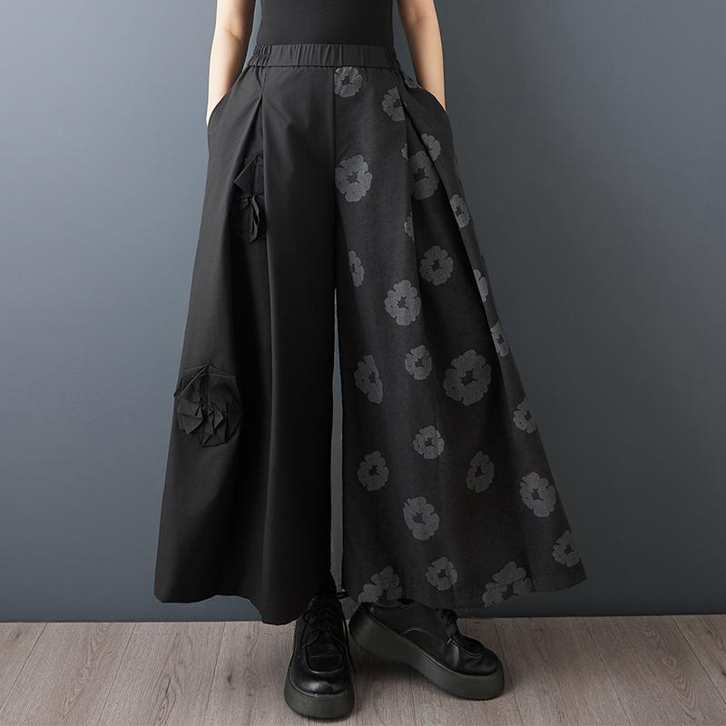 DIMANAF 2026 Plus Size Women New Long Pants Black Floral Loose Trousers Big Size Casual Spring Summer Bottoms Skirts