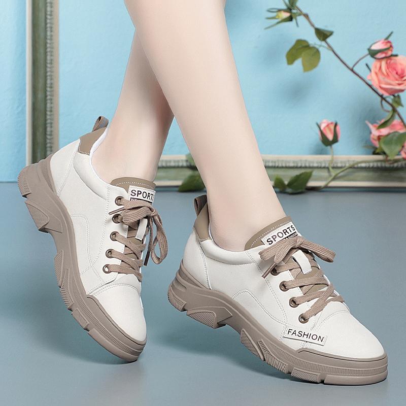 2024 Spring Non-slip Soft Leather Sneaker Trekking Footwear New Women's Thick-soled Lace-up Leisure Skateboard Sports Shoes