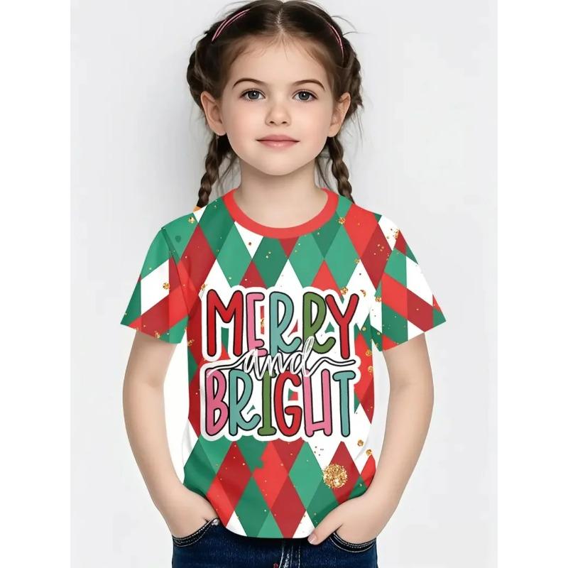 Round Neck 3D Christmas Theme Printed Short Sleeved Children's Girl T-shirts - Soft Medium Stretch Polyester Fabric Summer Relaxed Fit Clothing