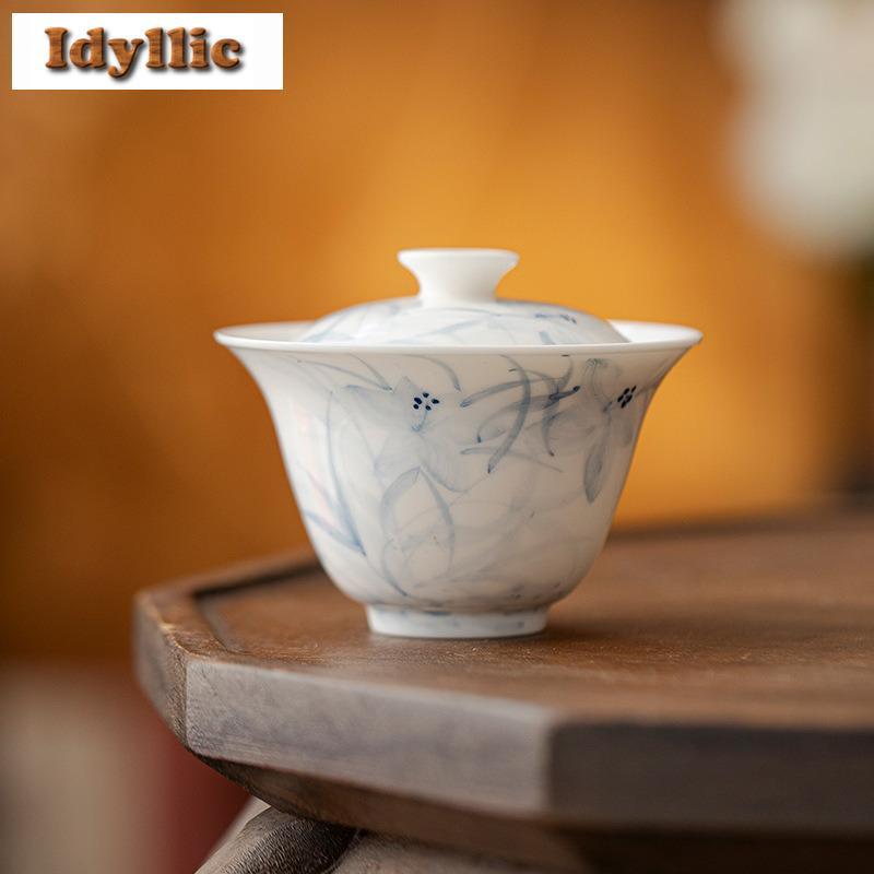 120ml Hand-painted Blue And White Gaiwan Vintage Tea Tureen Household Tea Bowl With Lid Kit Tea Maker Cover Bowl Tableware Gift