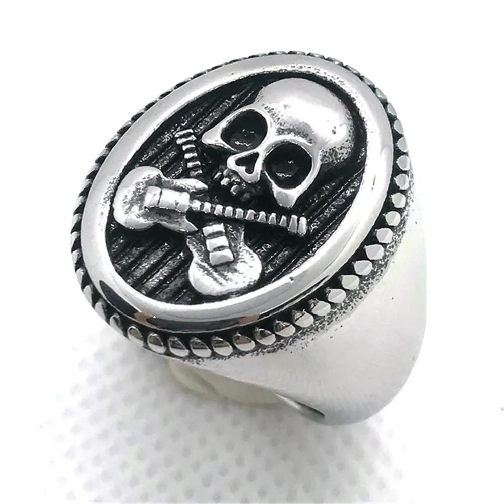 Golden Silver Guitar Skull Solid Ring 316L Stainless Steel Rock Man Punk Ring Size 7-14