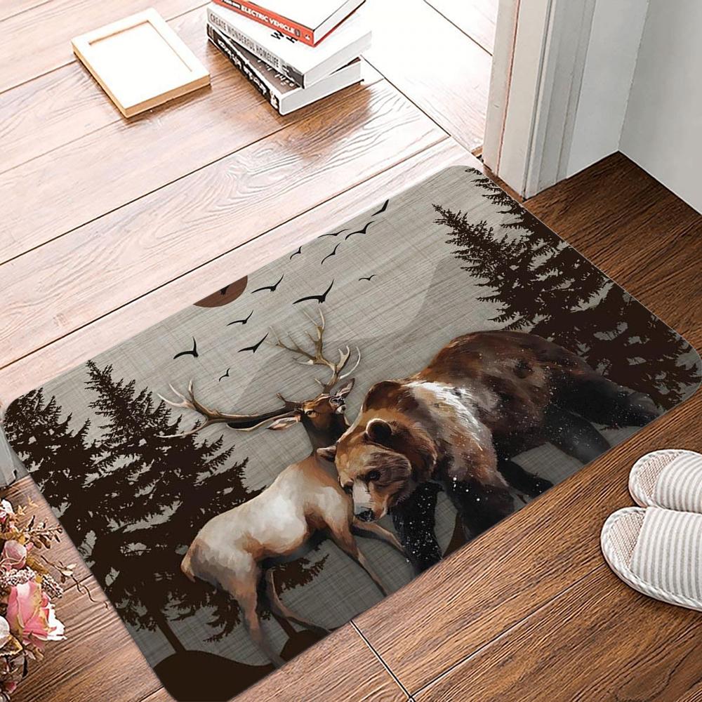 Wood Deer Print Doormat Non-Slip Rugs for Living Room Bedroom Kitchen Laundry Mat Machine Washable Home Decor Carpet
