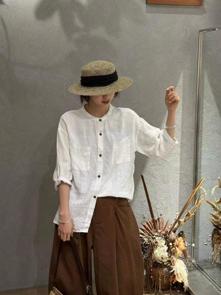 Johnature Casual Shirt Women Summer Retro Loose Versatile Single Breasted Seven Quarter Sleeved Top For Women