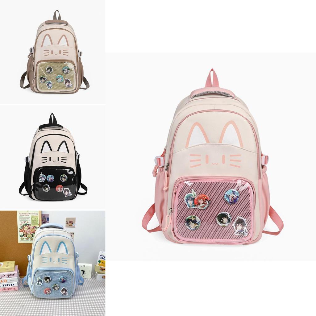 Cat Pattern Student Backpack With Transparent Compartment And Badge For Daily Use