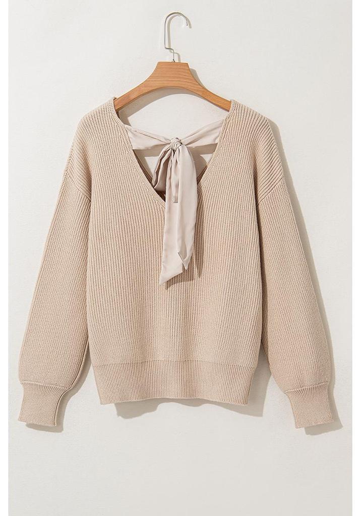 2025 Women's V-neck Pullover Sweater with Bow Back – European & American Winter Collection