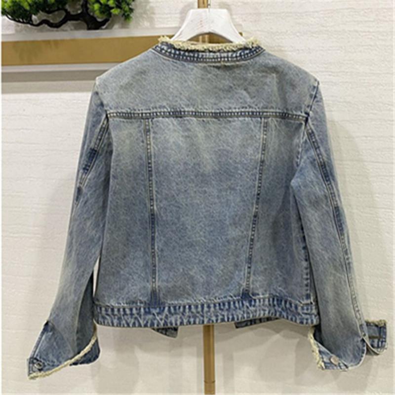 Denim Jacket for Women's Spring Autumn Heavy Industry Beading Jeans Coat Fashion O-neck Short Outerwear Female