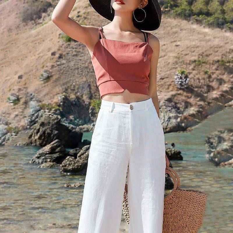Pantaloni de vară pentru damă, bumbac, in, talie, culori, pantaloni cu picioare largi, stil de stradă
