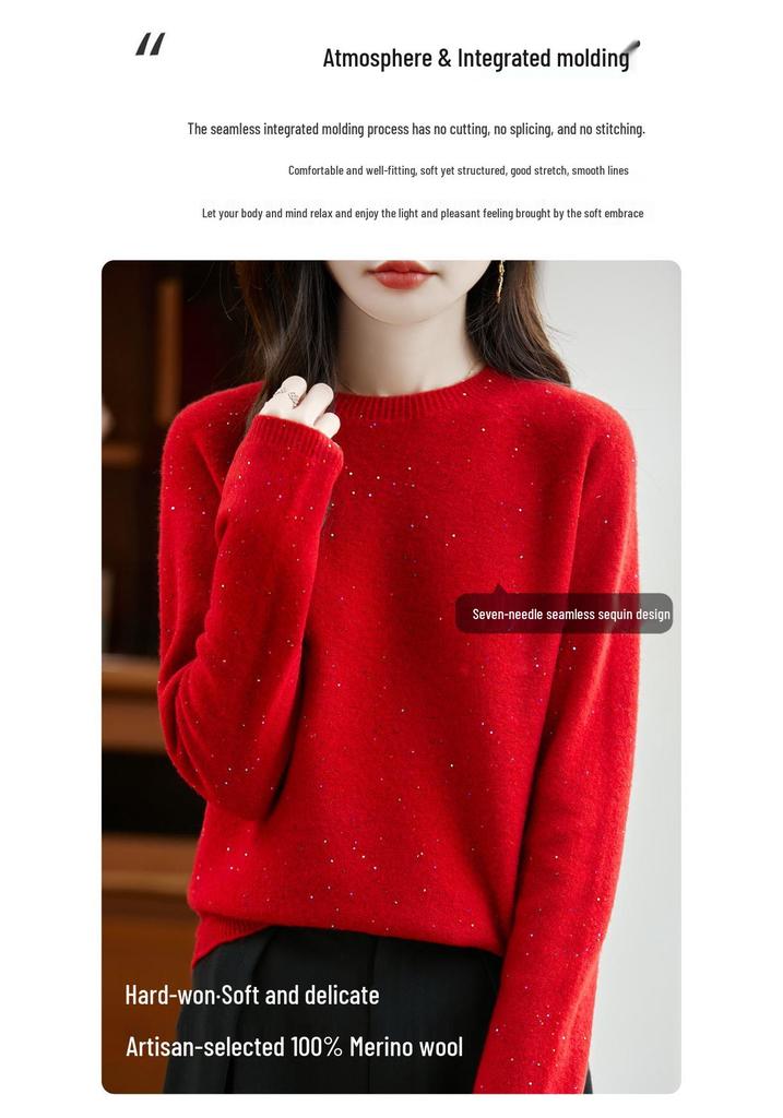 Women's Sequin Crew Neck 100% Wool Sweater - Loose Fit, Ready-to-Wear Knit Base Layer for Commute