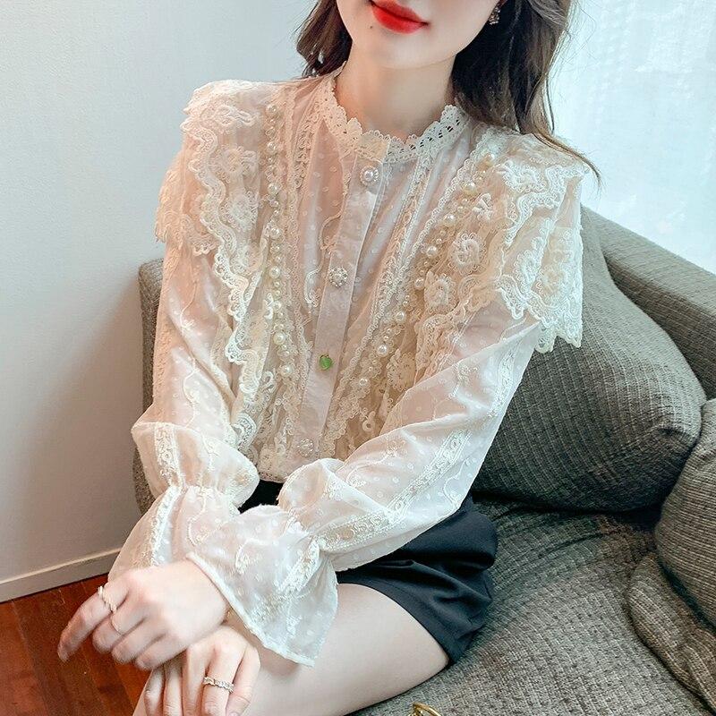 

Элегантная кружевная рубашка с бисером, женская французская милая винтажная блузка с длинными рукавами, женская кружевная шифоновая блузка с рюшами, топ Blusas Mujer 23025 XL абрикосовый