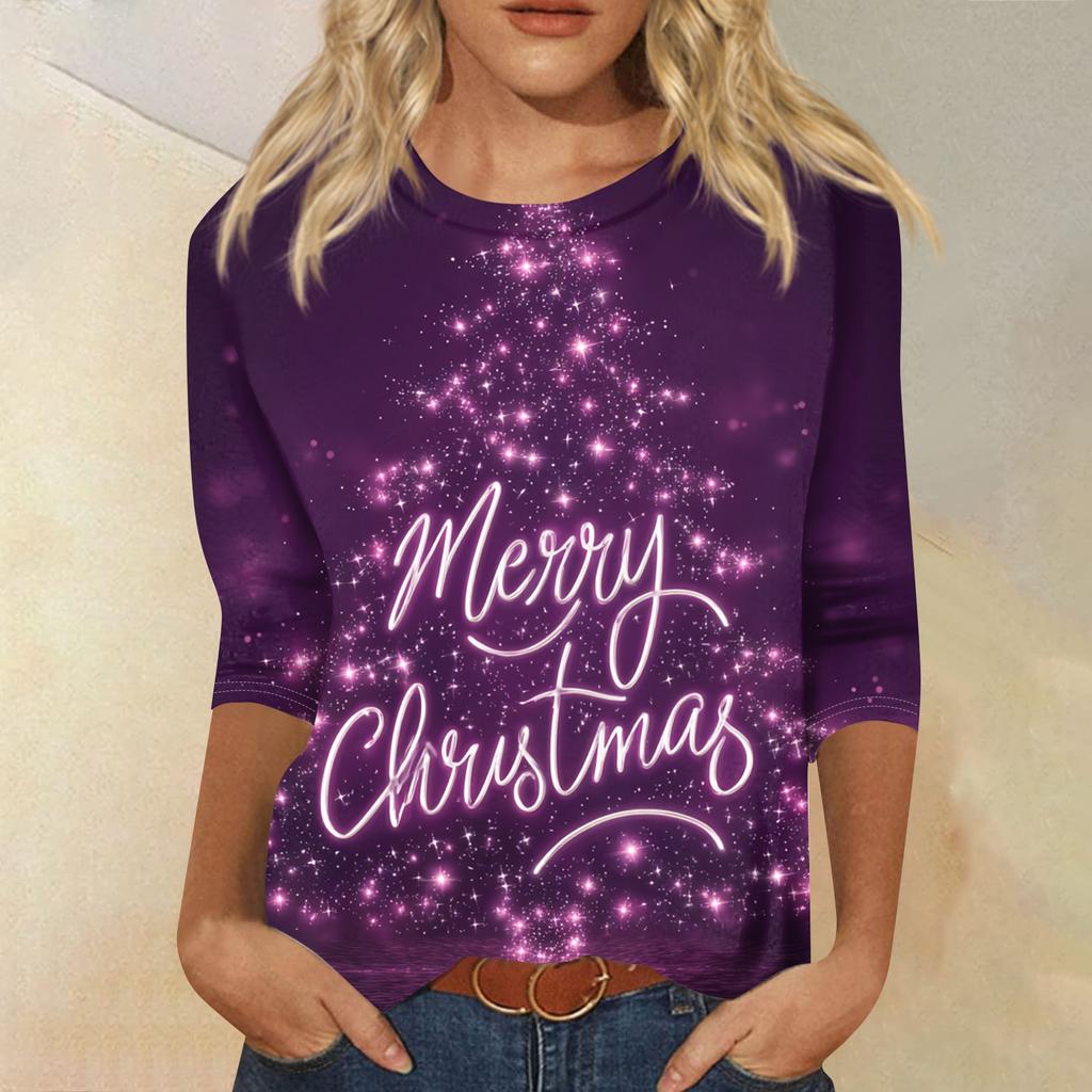Lässiges Damen-T-Shirt mit Rundhalsausschnitt, Dreiviertelärmeln und Weihnachtsmotiv