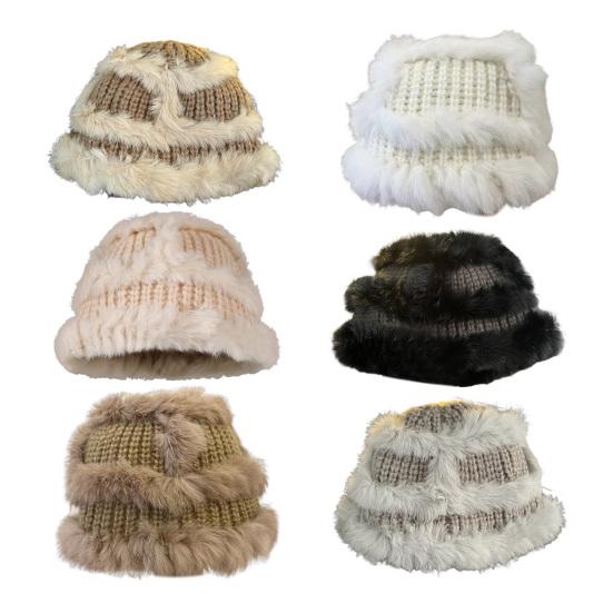 Women Fisherman Hat Imitation Rabbit Fur Decor Autumn Winter Windproof Warm Dome Soft Knitting Basin Hat