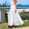 Women's White Drawstring Elastic Waist Swing Skirt Bohemian Resort Style A Swing Cake Long Skirt for Women