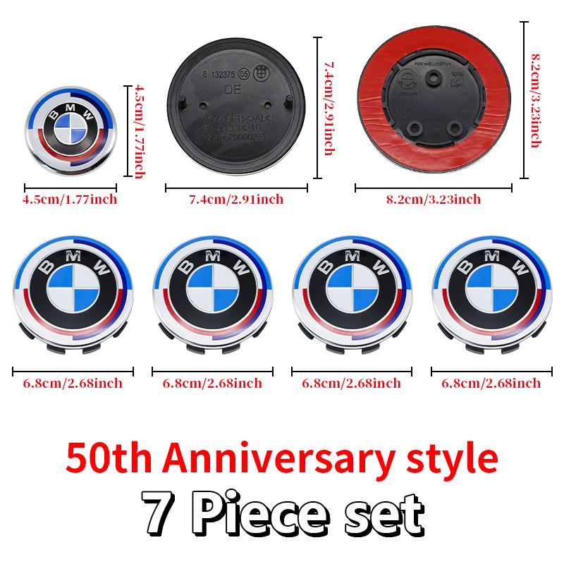 DJSA5 Hood Trunk Wheel Steering Badge 7Pcs Emblem Set For BMW E46 E90 F10 F30 G20 X5 82mm 74mm 68mm 56mm 45mm 50th Anniversary Car
