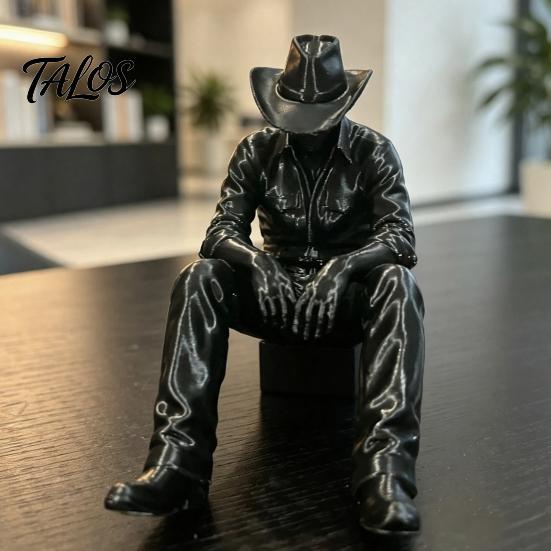 Minimalist Industrial Decor Western Cowboy Desk Decor, 3D Printed Edge-Hanging Figurine with Dangling Legs, Retro Style Desktop Matte Black