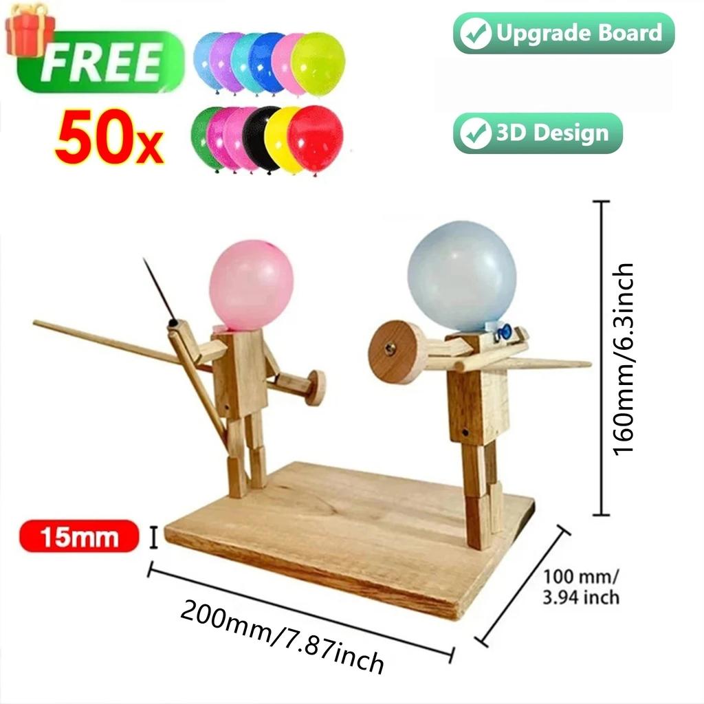 Balloon Bamboo Man Battle Handmade Wooden Fencing Puppets Wooden Bots Battle Game Two-Player Fast-Pad Balloon Battle Game